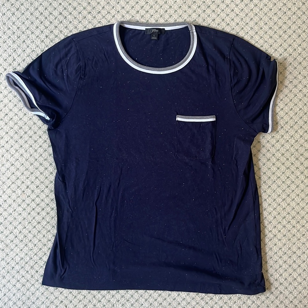 J Crew navy tee with pocket and colorful speckles, size L